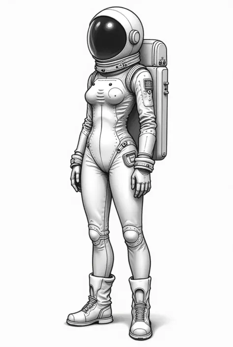 give me a pencil sketch illustration of a female astronaut character with her suit on, full body cardboard type 