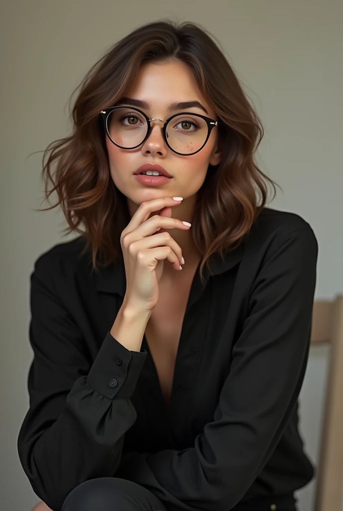 a brown haired woman, wavy and short, brown eyes, with square and thin glasses slightly round face, few freckles on the face, dressed in a black blouse and black pants 