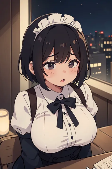 Chubby,woman,Night City,Short Hair,Looks sleepy,yawn,defenseless,From above,adult,aldult,Age 35,Maid uniform,Mature Woman