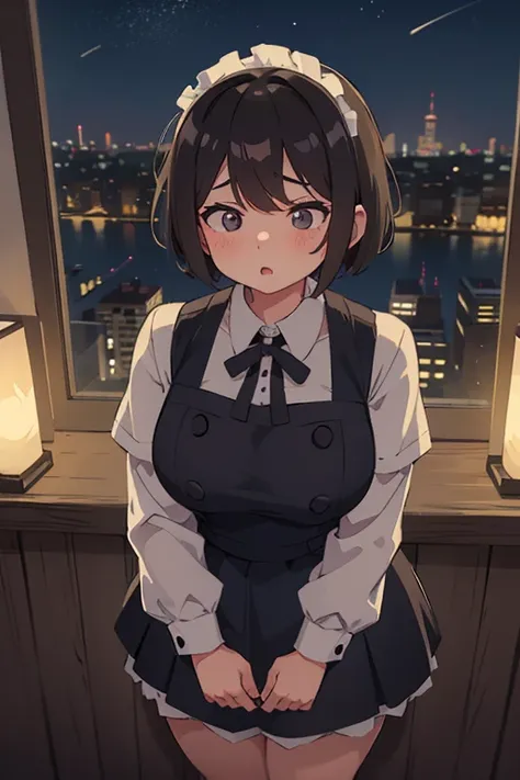 Chubby,woman,Night City,Short Hair,Looks sleepy,yawn,defenseless,From above,adult,aldult,Age 35,Maid uniform,Mature Woman