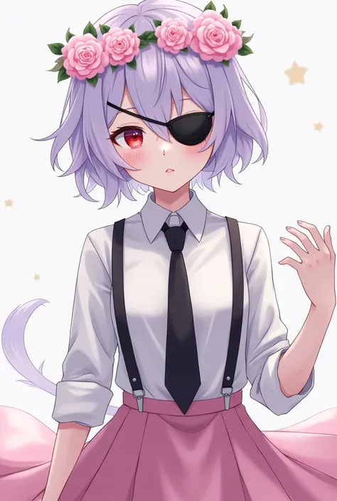 male anime character, with light purple hair, with a crown of pink flowers on her head, white skin, red eye, wear an eye patch, dress shirt, necktie, black suspenders and pink skirt.