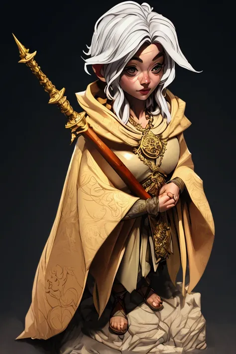 a short woman with white hair holding a spell book, wearing religious robes and a golden hooded cloak with a scales symbol, , oc...