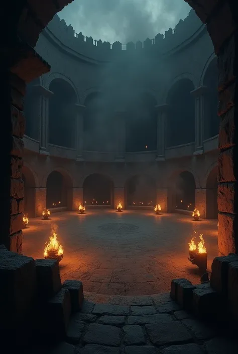 create the image of a dark arena with torches
