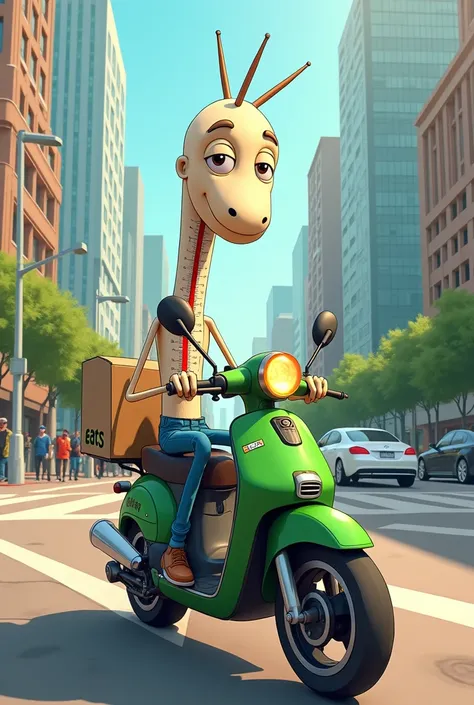 Thin stick thermometer animated character with an Uber Eats motorcycle

