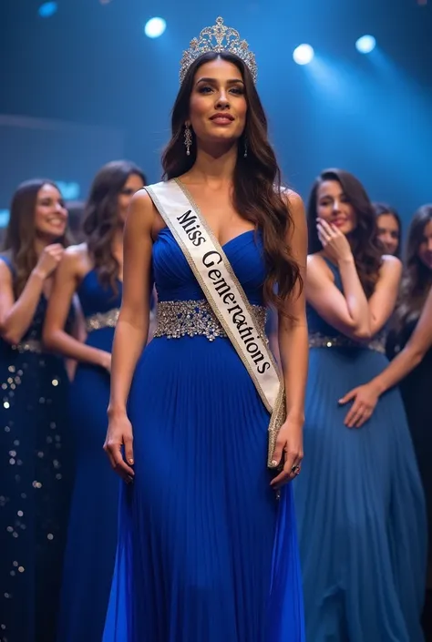 Miss RUSSIA long brown hair super tight blue evening maxi backless dress pleated ball gown, stunning sequin, off shoulder evening slim fit dress). she cry because win Miss GENERATIONS tittle with sash "Miss Generations" and crown and get hug from other par...