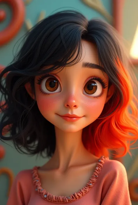  a 30 year old Pixar style girl with half black hair and half red hair loose brown eyes a striking background 