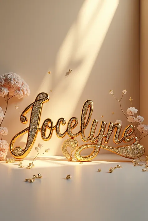 Jocelyne ” en lettres dorées et ornées de diamants, ainsi que des éléments décoratifs comme un   ange