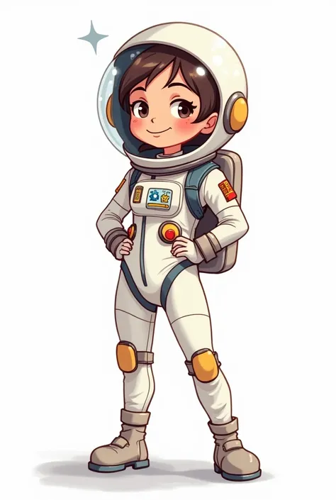 give me an illustration sketch of an astronaut girl woman character with her suit on, full body cartoon style 