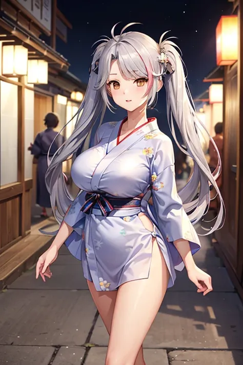 (((upper body、cute yukata、shoot from the front))、((accentuate your breasts、walk、long legs)))、best quality, 8k, masterpiece :1.3)...