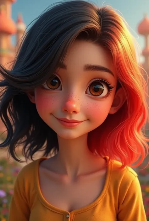  a 30 year old Pixar style girl with half black hair and half red hair loose brown eyes a striking background 