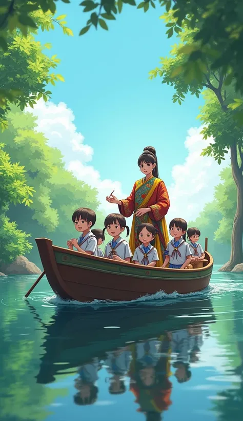 Create an image of a boat filled with students in full school uniform, smiling and engaging with each other. Among them is a teacher wearing a unique and colorful traditional outfit, standing at the helm of the boat, guiding the students. The background fe...