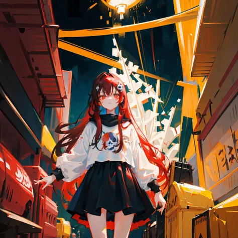 a girl, with long red hair,the strands of her hair are dyed black, her face is painted white, and near the eyes painted black, she is playing guitar at a concert, In the background of the show, behind the viewer, fireworks and skulls are coming out around ...