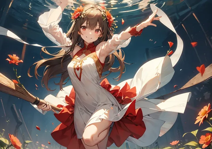 A smiling girl with slender legs wearing a flowing dress of earthy tones, with a radiant red glow encircling her as she reaches out to touch a blooming flower, representing emotional healing