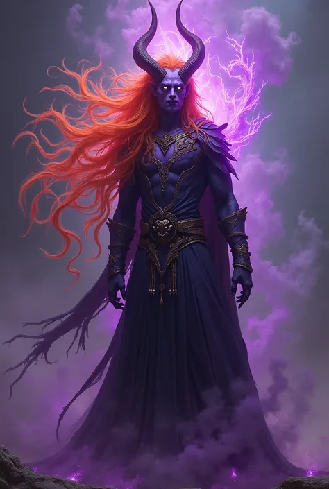 Creates a Tiefling wizard with a long mane that is surrounded by flames and has a purple aura around it. 