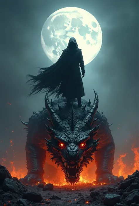 the dragon is dead and the ninja with eyes of fire is sitting above its head in the middle of the fire on a moonlit night 