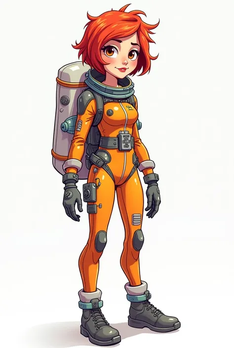 give me an illustration sketch of an astronaut character girl woman short red hair with her suit on cartoon type full body 