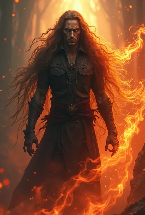 Create a Tiefling wizard with a long mane that is between the flames and can only be seen from the torso up. 