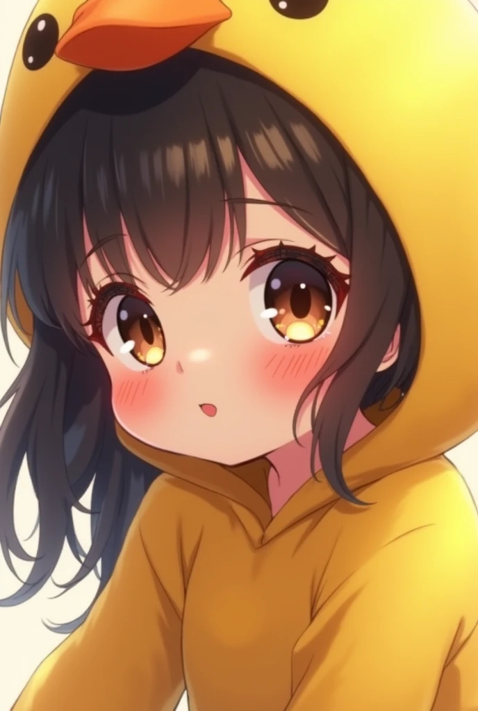 Anime baby girl with a flirtatious face in profile dressed as a furry yellow chick with long black hair and super big light brown eyes with a beautiful pretty face with a red and closed mouth with an enlarged image