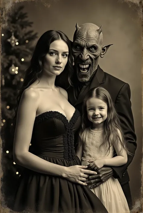 a beautiful young mother with extremely large, heaving breasts and a tiny gown with very deep cleavage,  a father with an evil,vile, monstrous,vomit inducing, nightmarish, disgusting, revolting, mutated, terrifying, animalistic,masosionistic, startlingly u...