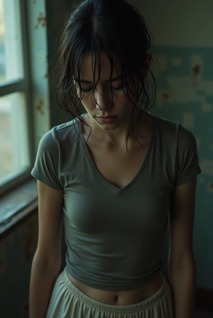 a girl sitting on a chair in a dilapidated house, wet messy hair over her eyes, detailed bodycon shirt and pleated skirt, birds eye view, cinematic lighting, highly detailed, vixip, close-up landscape, hurt, hand drawing, perfect composition, masterpiece, ...