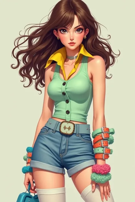 Girl, large brown hair and light skin, For clothing, she sometimes can be seen wearing a buttoned light-green tank top with a big yellow collar, jean-short shorts with a light-blue belt that possesses a large buckle in the center. While wearing these, she ...