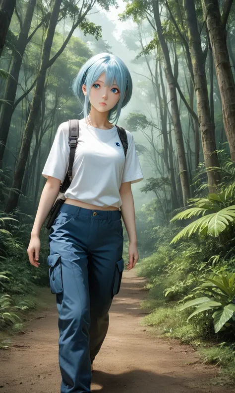 (best quality, masterpiece, illustration) by Shunya Yamashita, young woman, Gorgeous, walking around, Expressive and innovative, blue anime eyes woman, long stylish Aqua-blue hair, smartphone, cargo pants, mixes rural landscape with sci-fi elements, an aes...