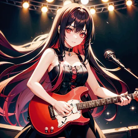 a girl, with long red hair,the strands of her hair are dyed black, her face is painted white, and near the eyes painted black, she is playing guitar at a concert, In the background of the show, behind the viewer, fireworks and skulls are coming out around ...