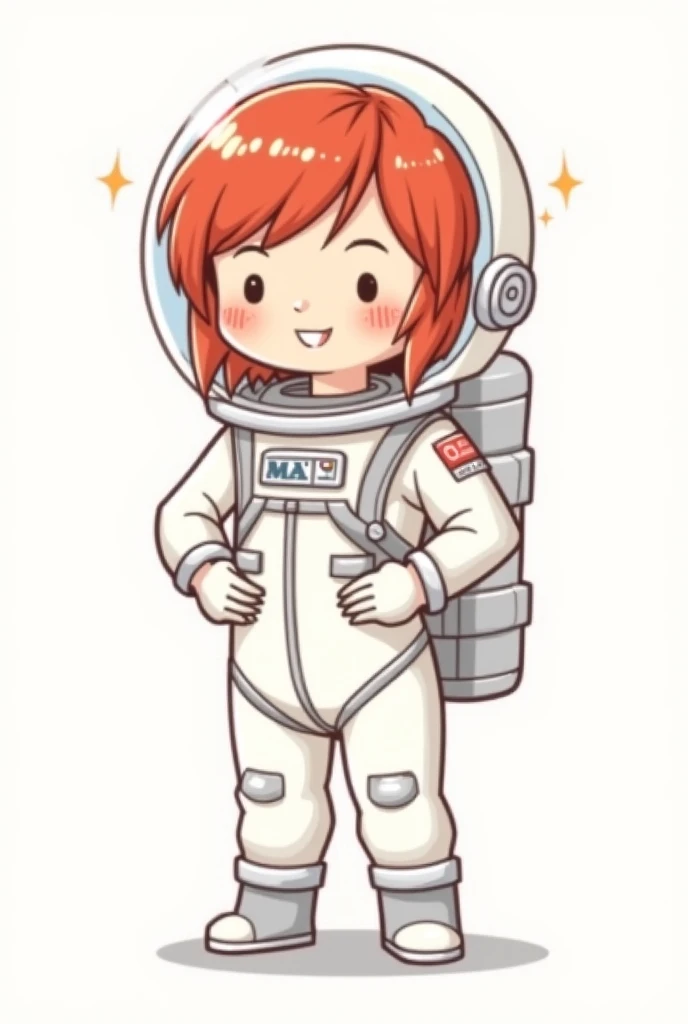 give me an illustration sketch of an astronaut character girl woman short red hair with her suit on cartoon chibi full body 