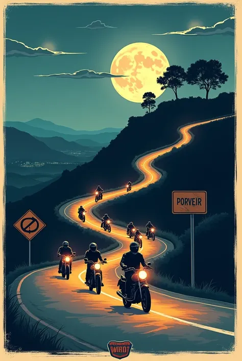 Create a poster for a night ride of low-displacement motorcycles to a viewpoint called Porvenir in Spanish where people are invited to ride their motorcycles !