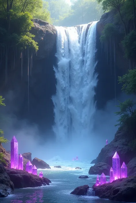 A waterfall with purple and clear crystals