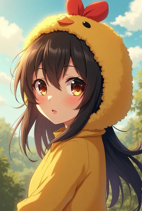 Anime baby girl with a flirtatious face in profile dressed as a furry yellow chick with super long black hair and super big light brown eyes with a malicious expression on a beautiful, pretty face with a red, closed mouth with a medium image