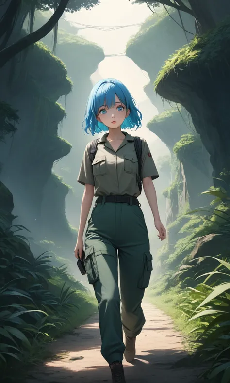 (best quality, masterpiece, illustration) by Shunya Yamashita, young woman, Gorgeous, walking around, Expressive and innovative, blue anime eyes woman, long stylish Aqua-blue hair, smartphone, cargo pants, mixes rural landscape with sci-fi elements, an aes...