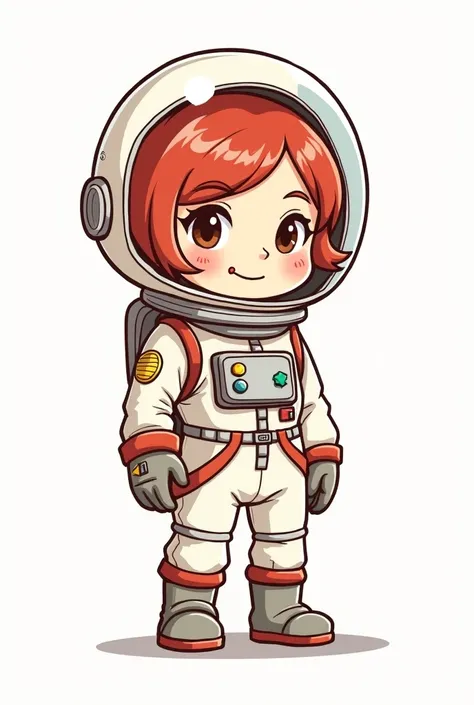 give me an illustration sketch of an astronaut character girl woman short red hair with her suit on cartoon chibi full body 