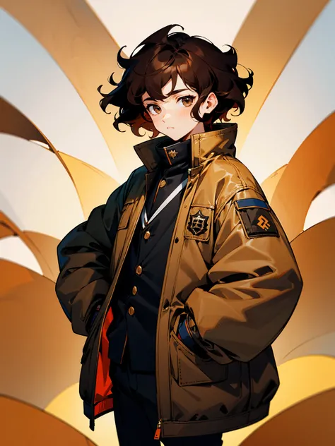 1male, brown hair, short hair, wavy hair, black brown eyes, puffer coat, hands in pocket