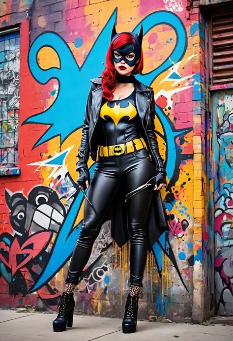 An edgy pinup version of Batgirl, posed confidently in front of a gritty urban backdrop. Her sleek black leather suit is accented with bold, street-art inspired splashes of color, like blue and red paint dripping down from her shoulders and arms. The backg...