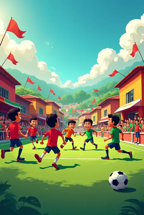 Make several male friends playing on the cartoon soccer field in the favela style with flags with red and green shirts and red and green houses with fans