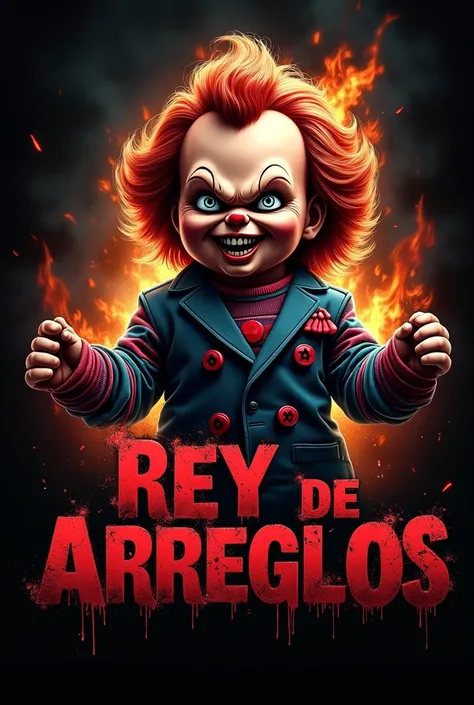 I want a logo of an image for my group that has an empowered image like Chucky with a suit laughing and with fire around him and that will have letters written literally KING OF FIXES in Spanish and that it is impressive and the letters😭😭😭