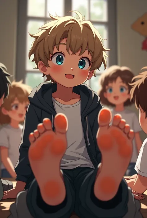 A cute  showing his smelly feet in low angle,barefoot, foot focus,white t-shirt,foot focus，Sweating on the soles of the feet.， black hooded jacket, There are bangs between the eyes,Wavy light brown hair, black pants, Anatomically correct, sky blue eyes, Lo...