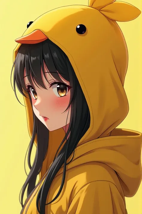 Realistic anime girl in a yellow chick costume with big, tender eyes, a very pretty face with a red mouth, long black hair in profile with a flirtatious look, enlarged image