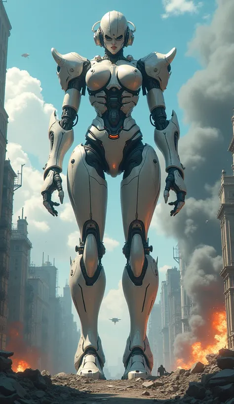 A giant female robot that looks like it came out of a Japanese anime、Perfect style, beautiful female figure、Big Breasts、City at war