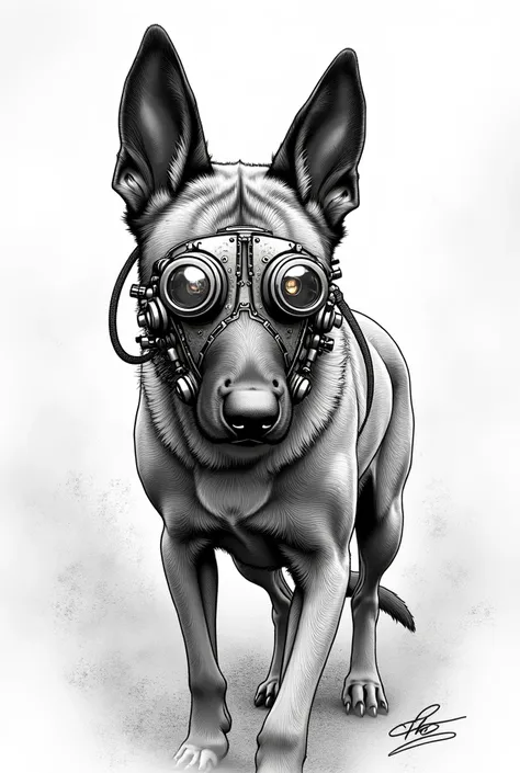 beautiful malinois on steampunk mask in Peaky Blinders style as coloring page in black and white comic
