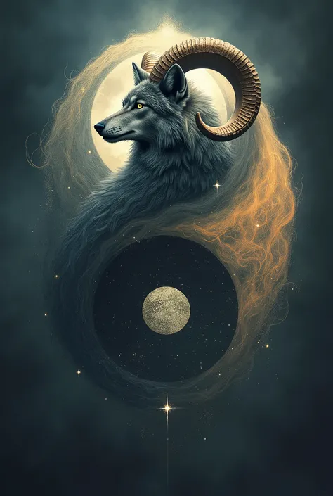 Aries symbol and a wolf and a ying yang toghrher merging 