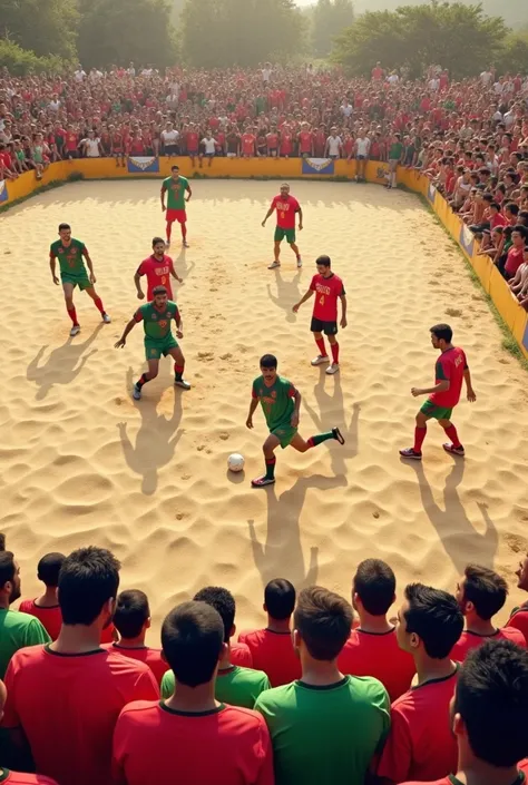 A sand soccer field with men around it watching the game with fans wearing red and green Portugal shirts