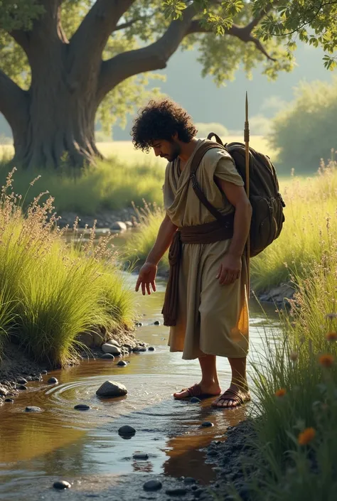 An image of David searching for stones in the stream with his backpack at his side with his Israelite clothing 