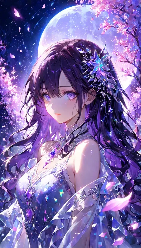 A close-up portrait of a young woman with delicate, anime-style features. She has long, flowing dark hair that shines with iridescent blue and purple highlights, catching the light in a mystical, ethereal way. Her eyes are large and captivating, glowing wi...