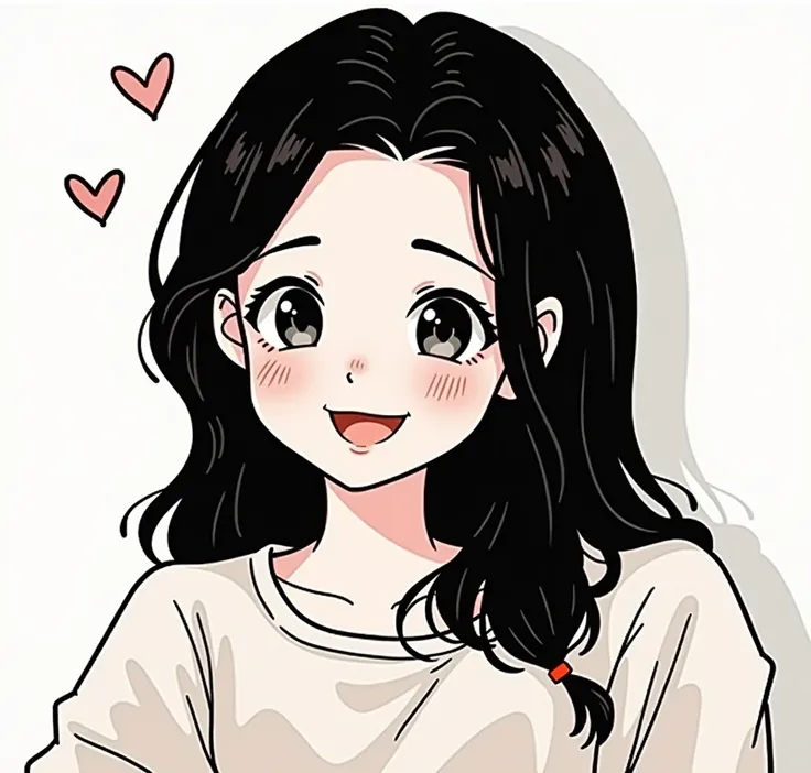 A cute cartoon girl looking at you, like she cares for you and wants best for you, supports you, lovely expression, innocent smile, simple background, cartoon, line illustration,