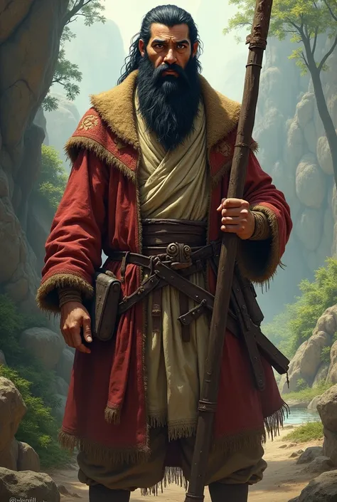 make marco polo with a black beard and a wooden club in his hand