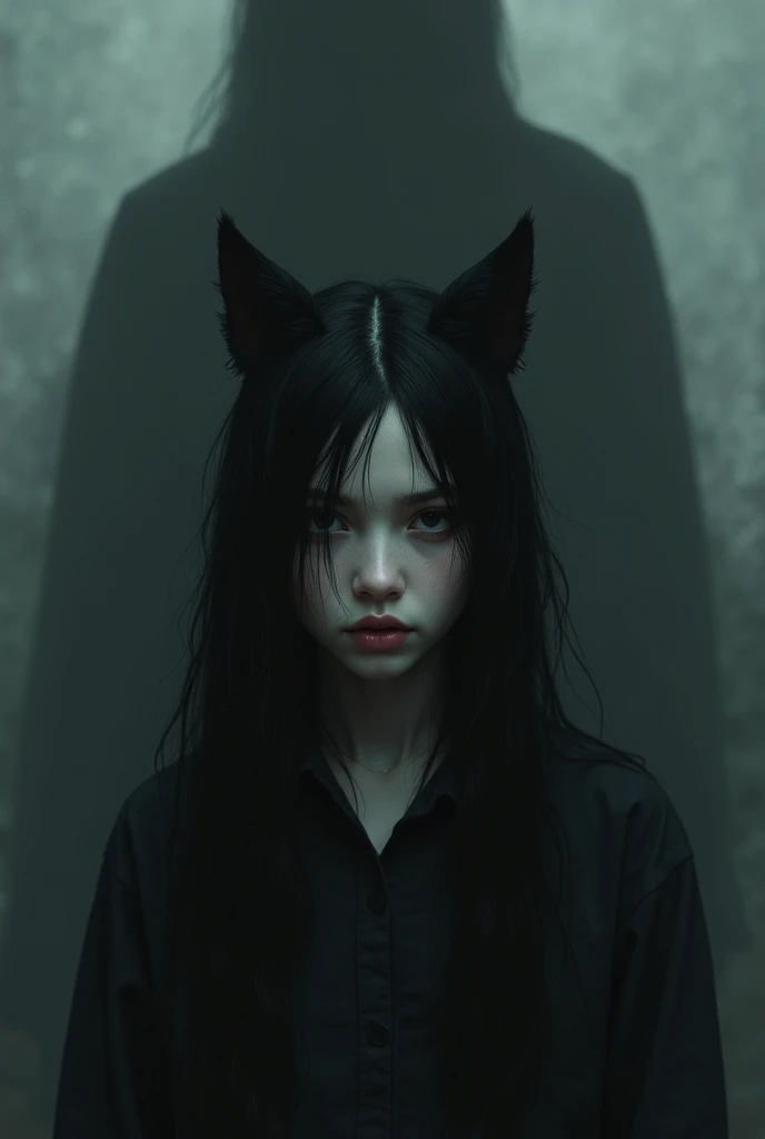 A mysterious image of a girl with dark, piercing eyes, long black hair and kitten ears and a big scary shadow behind her, symbolizing revenge and the secret it hides.


