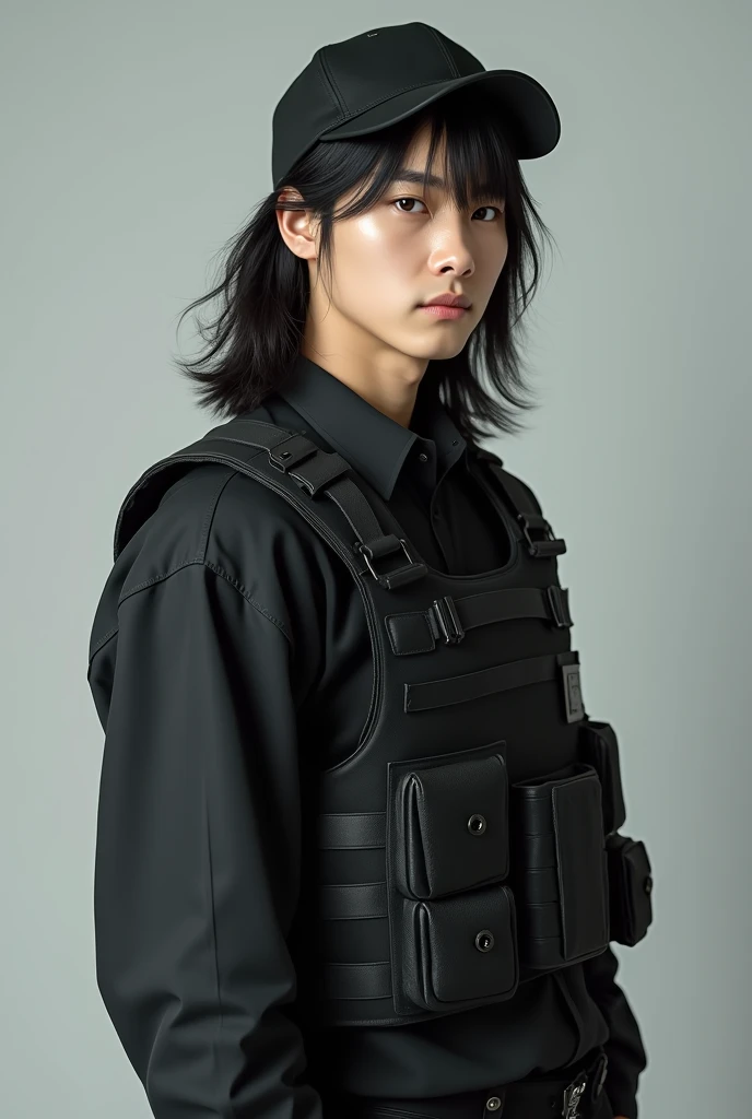 30 year old Asian boy who looks like a K-pop idol and has long hair and wears a bulletproof vest under the vest, a black shirt, black pants, black military boots and the boy has long hair and wears a cap. And the image should look very real please.