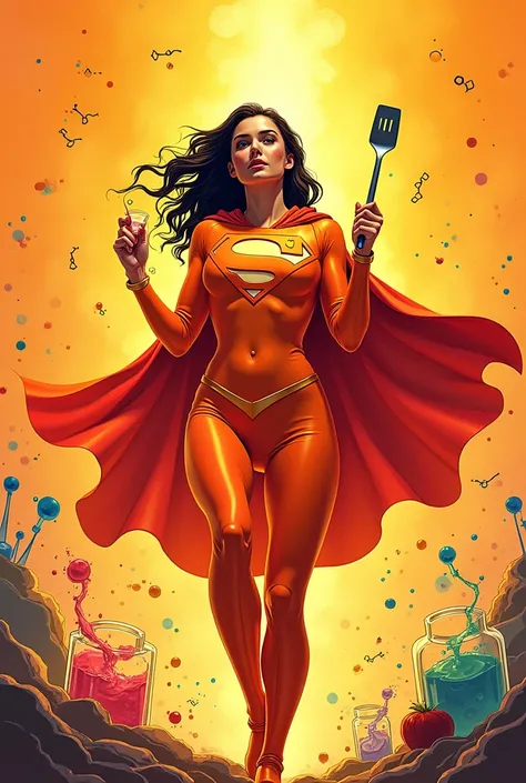 Comic book style image featuring a Superman inspired superhero, transformed into a food engineer. She wears a tight-fitting suit in bright orange and red tones., with a symbol on the chest related to food engineering. In one hand he holds a laboratory spat...